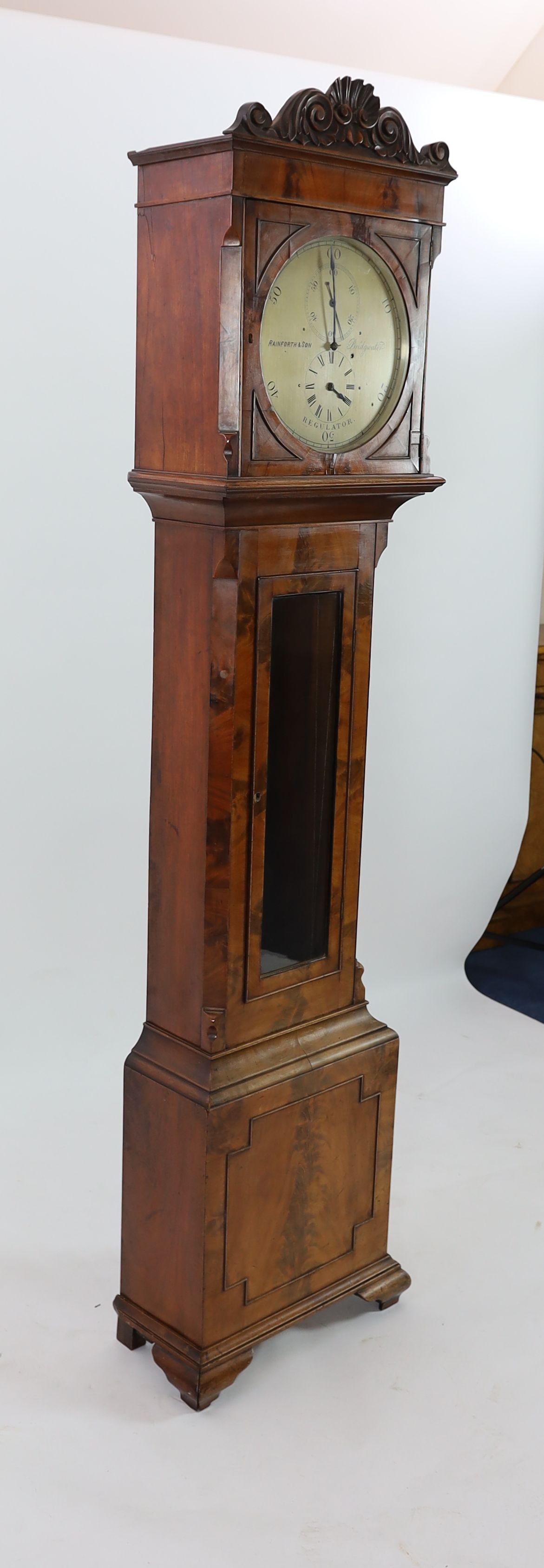 Rainforth & Son of Bridgewater. An early 19th century mahogany domestic regulator, H. 218cm.